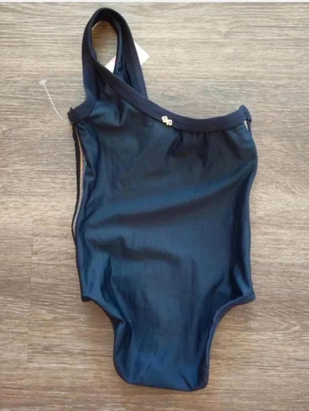 PilyQ Black w/ Rainbow Metallic Stripe One Shoulder One-Piece Girl's Size 6